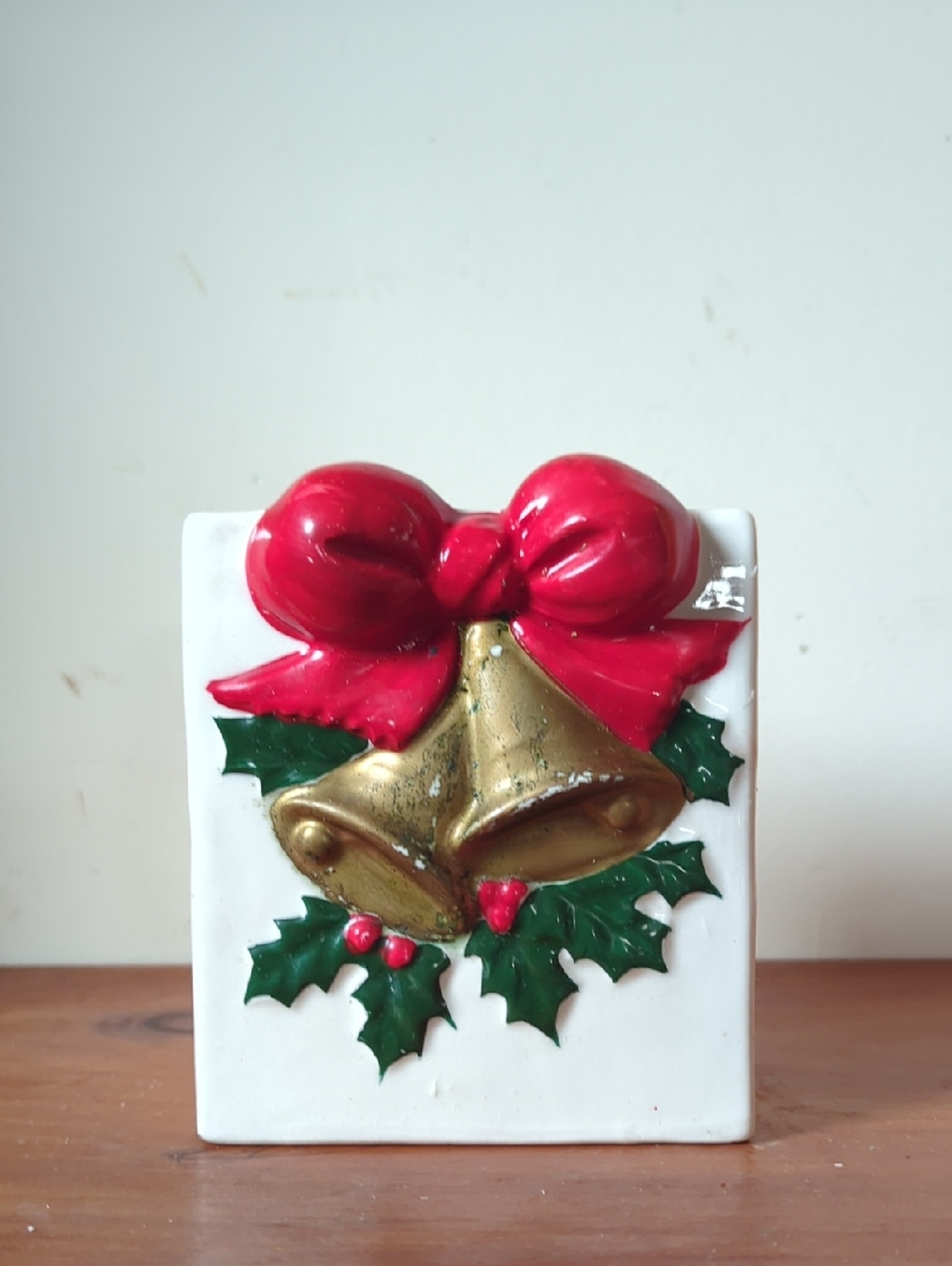 Vintage Napco Christmas HolleyBerry Red Bow And Gold Bell White  Square Planter